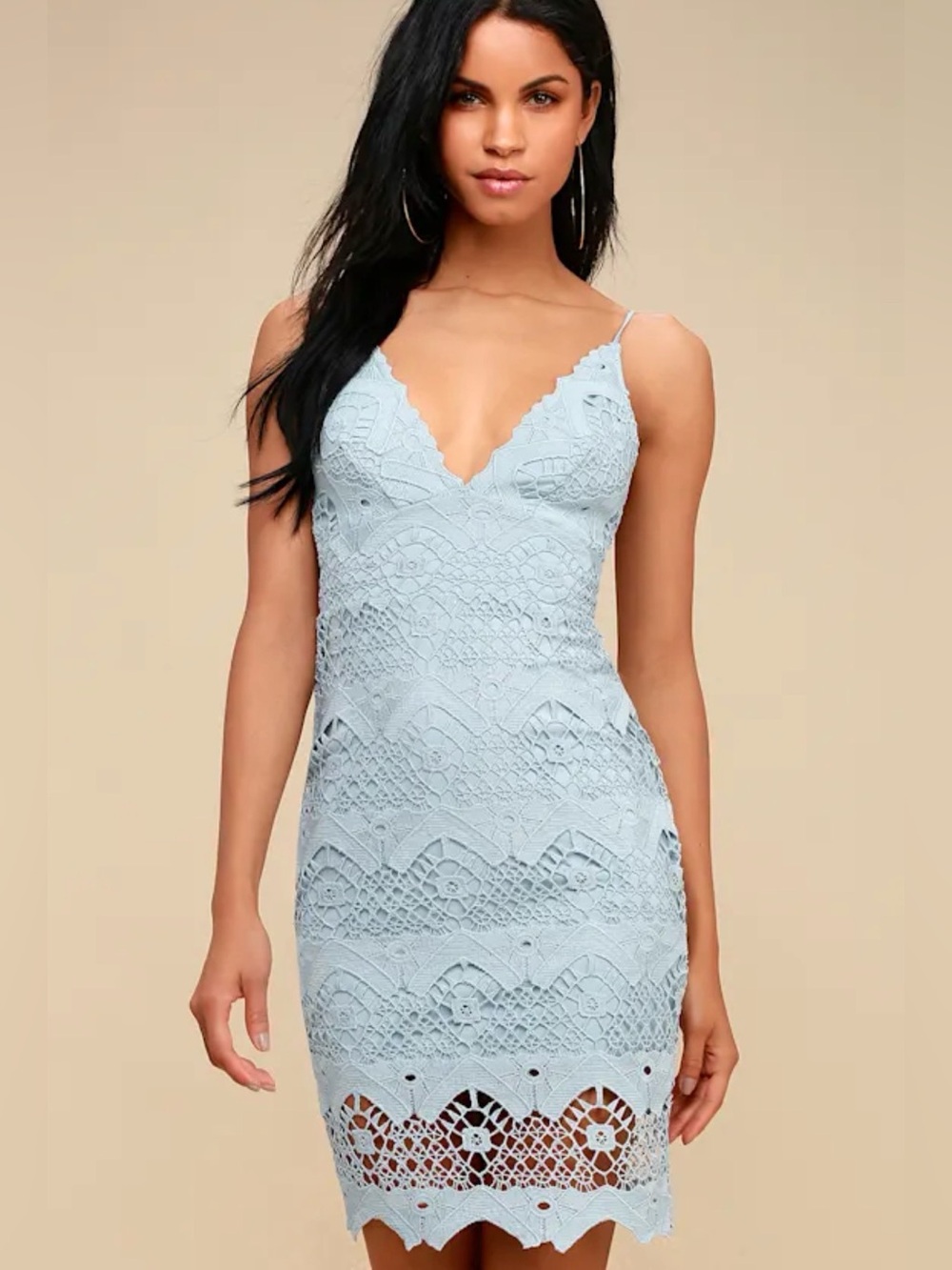 Lulus Light Blue Crochet Lace Mini Dress Size S Spaghetti Strap Scalloped Hem